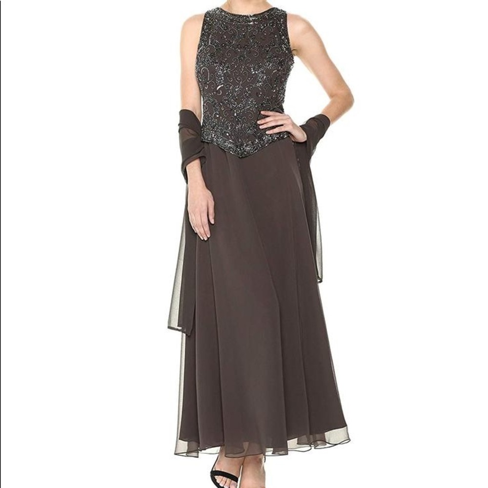 Kara Slate/Mercury Beaded Gown and Scarf Dress